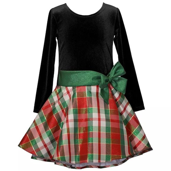 Bonnie Jean Velvet & Plaid Girls Holiday Dress Drop Waist Size 10 - Picture 1 of 5